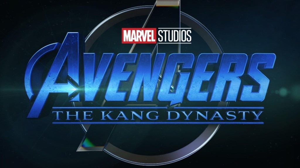 Giant 'A' in a circle, overlayed by title text in blue: Avengers: The Kang Dynasty