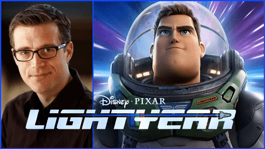 An image of the director Angus MacLane and Buzz Lightyear character, overlayed with Lightyear title