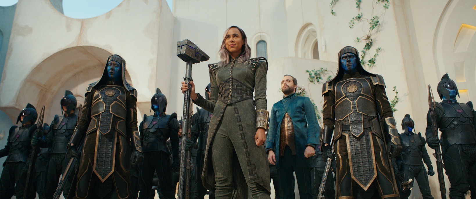 Zawe Ashton is playing a character called Dar-Benn surrounded by Kree aliens.
