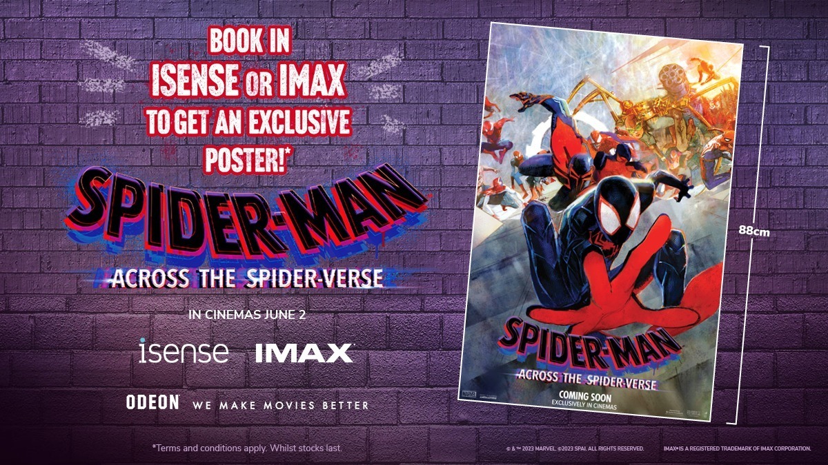 Imax poster ad for ODEON, showing Miles Morales being chased by multiple Spider characters, overlayed to the left with Spider-Man logos