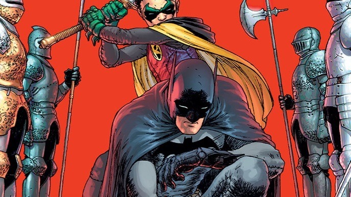 Batman and Damian Wayne as Robin on a comic cover