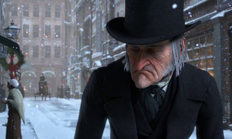 An animated Ebenezer Scrooge walking down the street