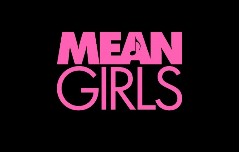 Title treatment for Mean Girls: Pink text with a black musical symbol between the A of Mean