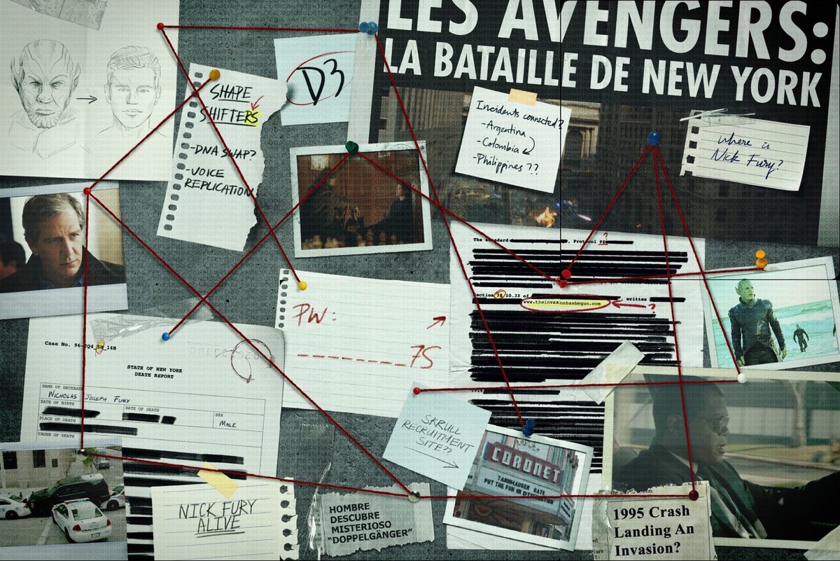 Clues leading to the password for the first 5 minutes of Secret Invasion. Paper clippings and photos on a drawing board trying to track Nick Fury