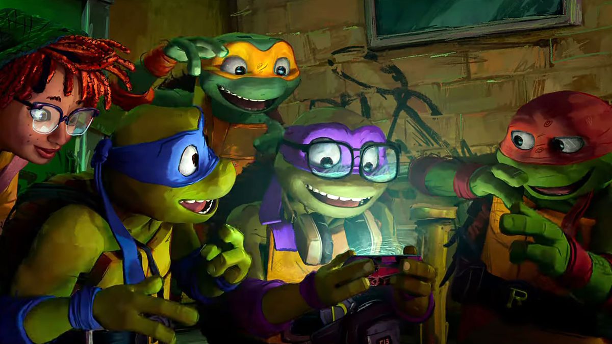Animated Teenage Mutant Ninja Turtles looking at their mobile phones with April O'Neil next to them