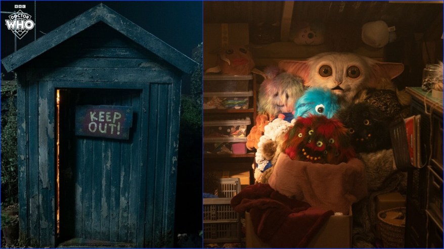 Exterior of Donna's craft hut/shed painted with a TARDIS blue colour in Doctor Who, with interior showing beep the meep with toys