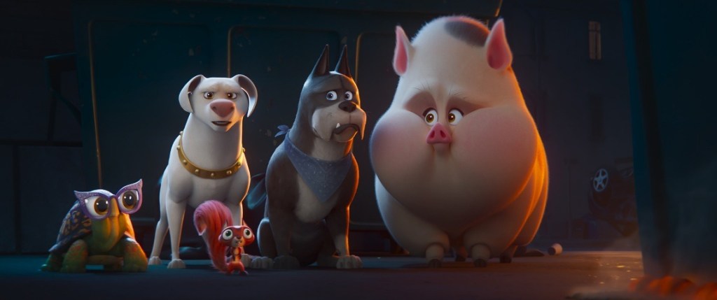 (L-R) NATASHA LYONNE as Merton, DWAYNE JOHNSON as Krypto, DIEGO LUNA as Chip, KEVIN HART as Ace and VANESSA BAYER as PB in Warner Bros. Pictures’ animated action adventure “DC LEAGUE OF SUPER-PETS,” a Warner Bros. Pictures release.