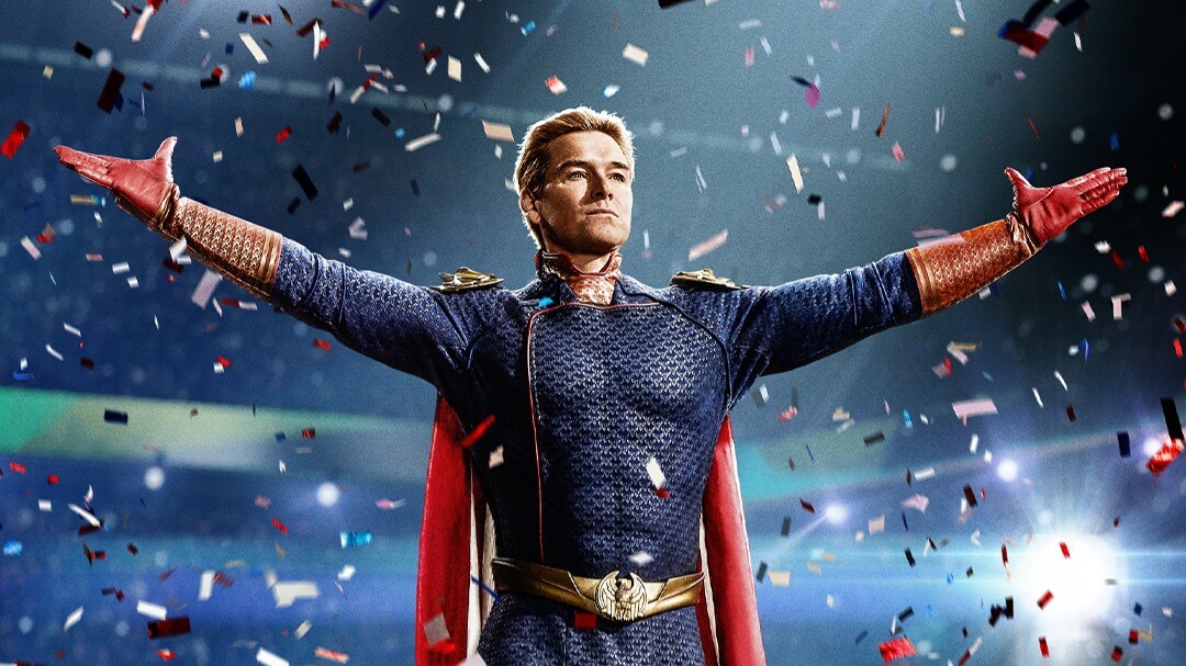 Anthony Starr as Homelander, covered in confetti while celebrating at a event in The Boys season 4
