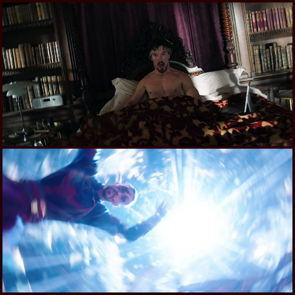 Stephen Strange sitting in a bed in his bedroom, and the second image is Defender Strange falling through the portal to another universe.