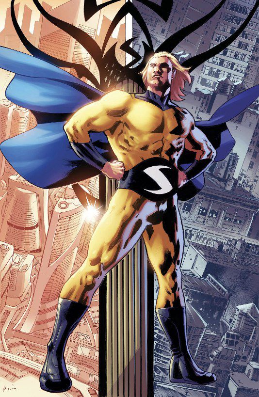 A full look at the Earth 616 Marvel comic character Sentry, in a golden yellow and blue suit with black buits