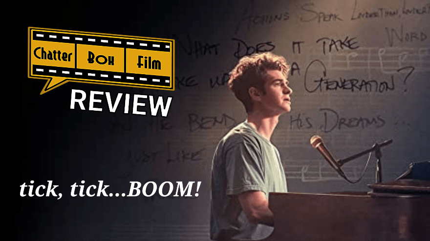 Andrew Garfield sitting with a piano as the Chatter Box Film yellow and back text box with subheading Review