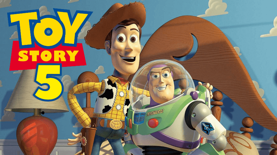 Yellow font outlined with blue: Toy Story logo. Overlayed onto an image of Woody and Buzz Lightyear