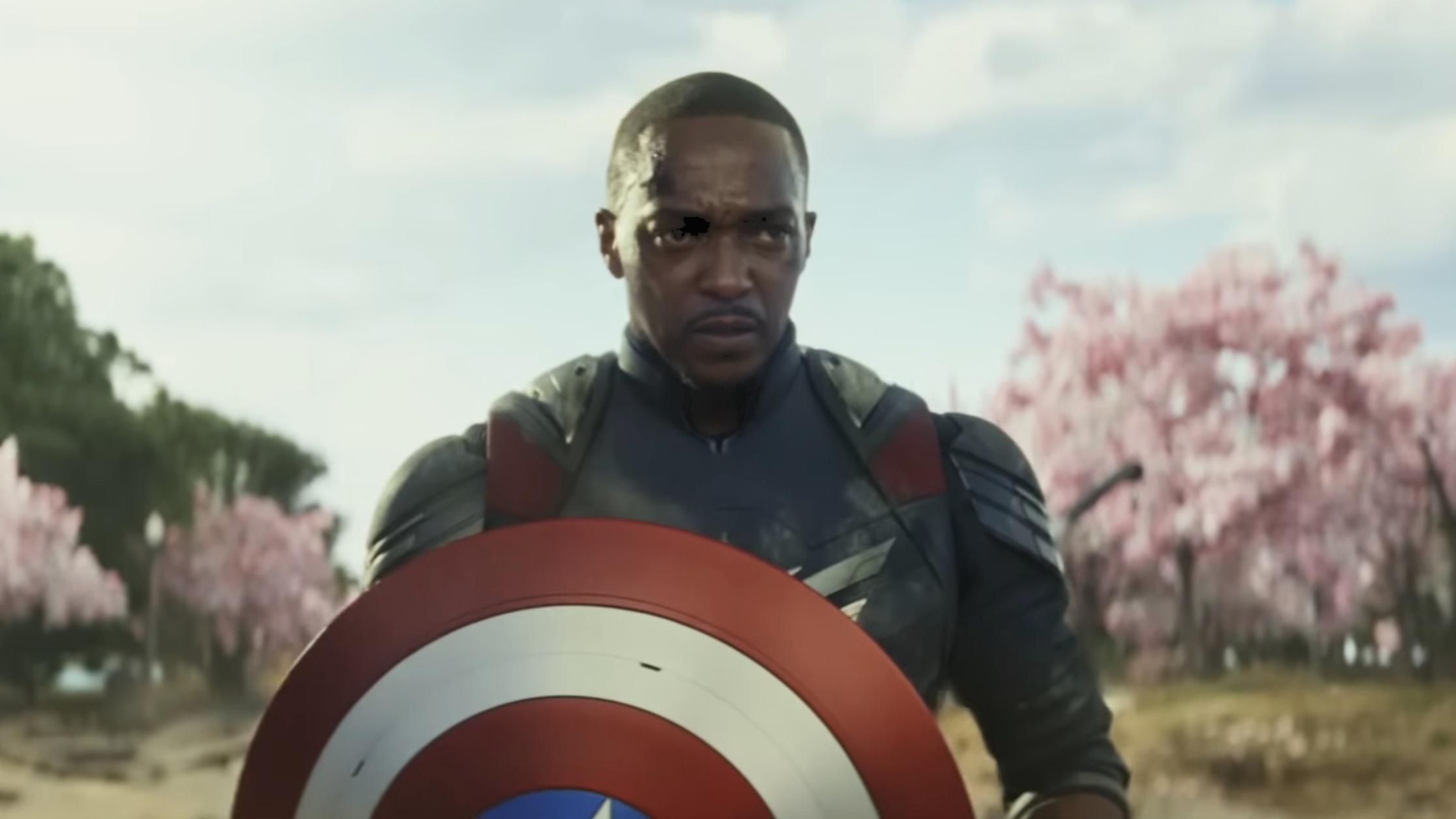 Anthony Mackie as Sam Wilson/Captain America holding his shield in a fight, blossoming trees behind