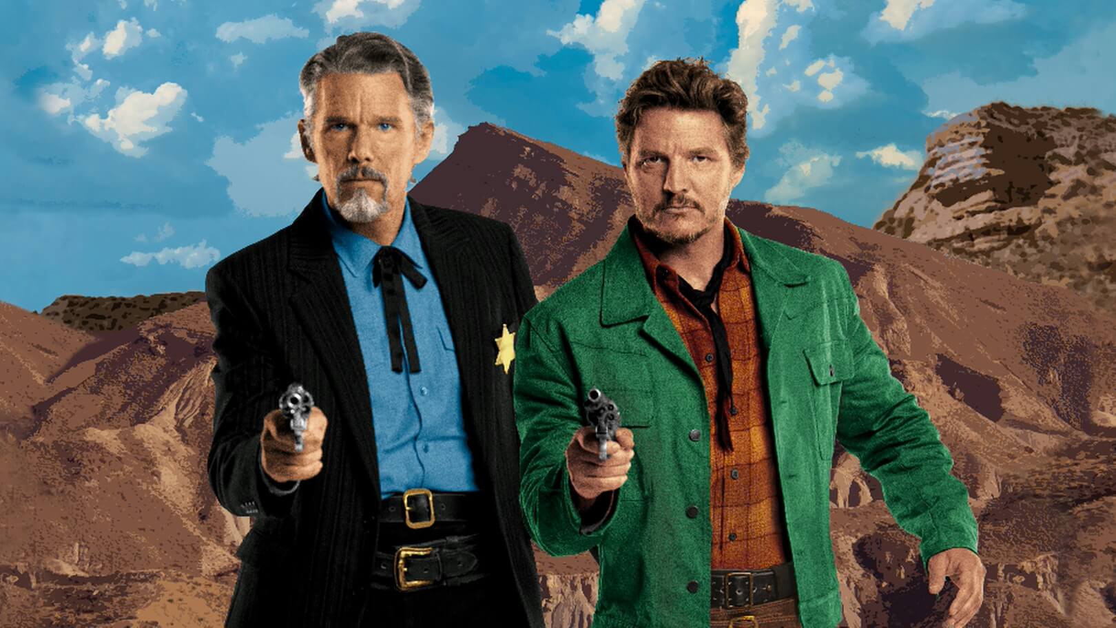 Ethan Hawke and Pedro Pascal posing in cowboy outfits