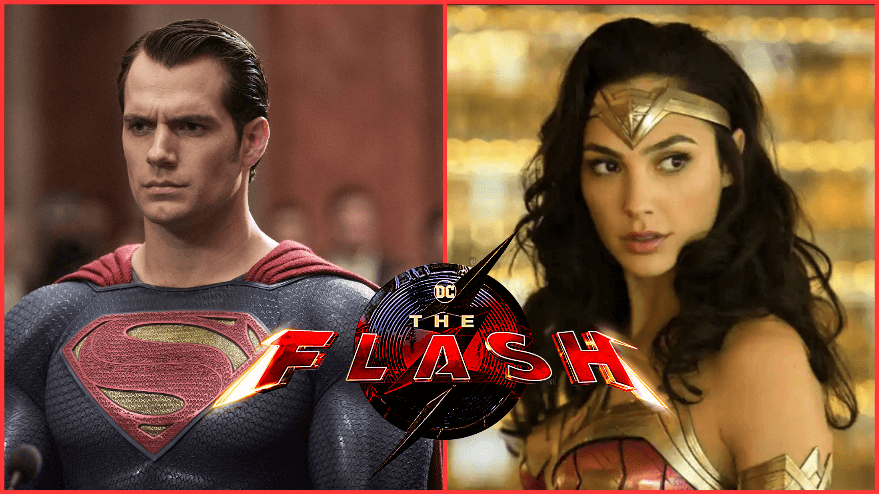 Henry Cavill as Superman and Gal Gadot as Wonder Woman, overlayed with The Flash movie logo