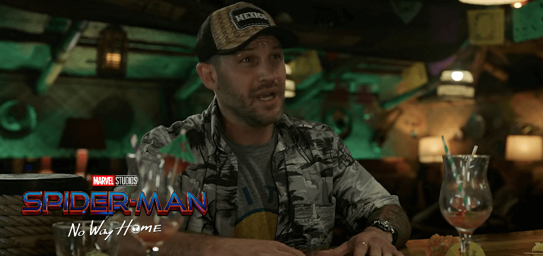 Tom Hardy as Eddie Brock/Venom, in bar scene from Spider-Man No Way Home.