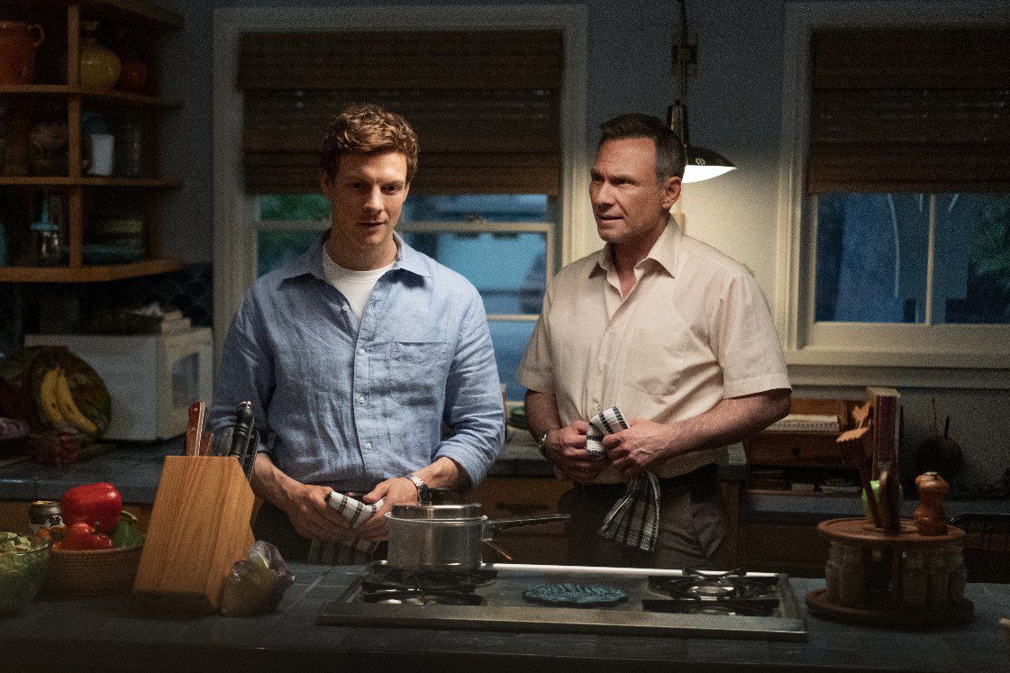 Dexter and his father Harry Morgan standing in the kitchen. Paramount+