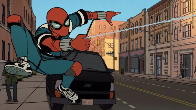 An animated Spider-Man swinging through the city