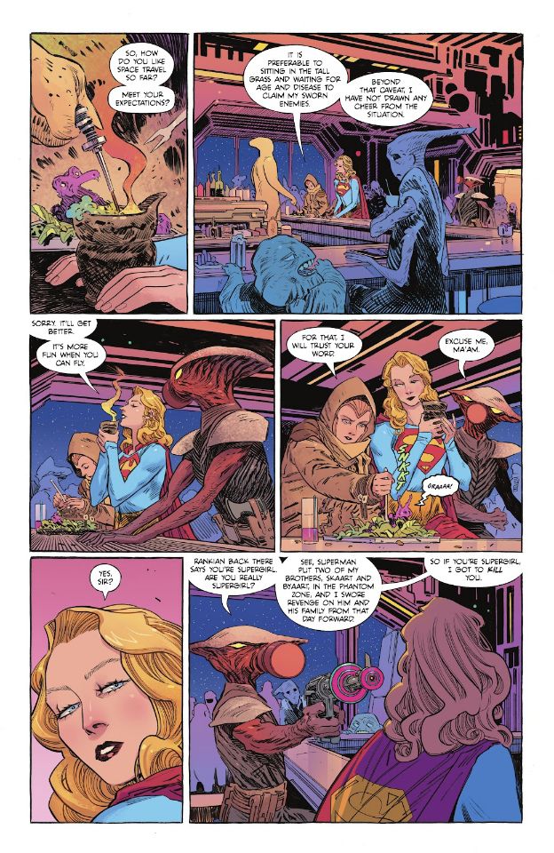 Supergirl sitting in a bar, interacting with aliens
