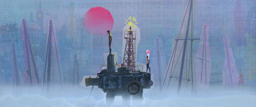 Gwen Stacy and Miles Morales in their superhero costumes, standing on a crane in Beyond the Spider-Verse.