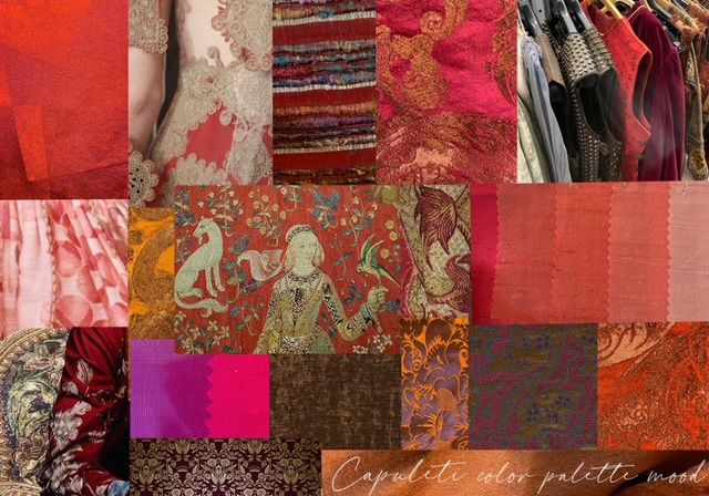 Red fabrics and different patterns for costume research.