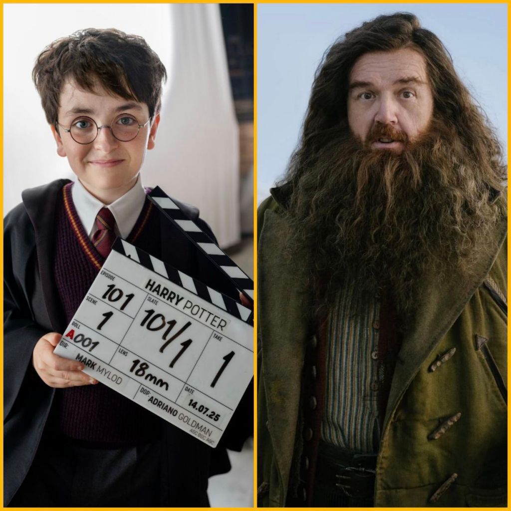 Dominic McLaughlin is holding up a film clapper board, dressed as Harry Potter, and Nick Frost in standing in a green coat, in full make-up as Hagrid