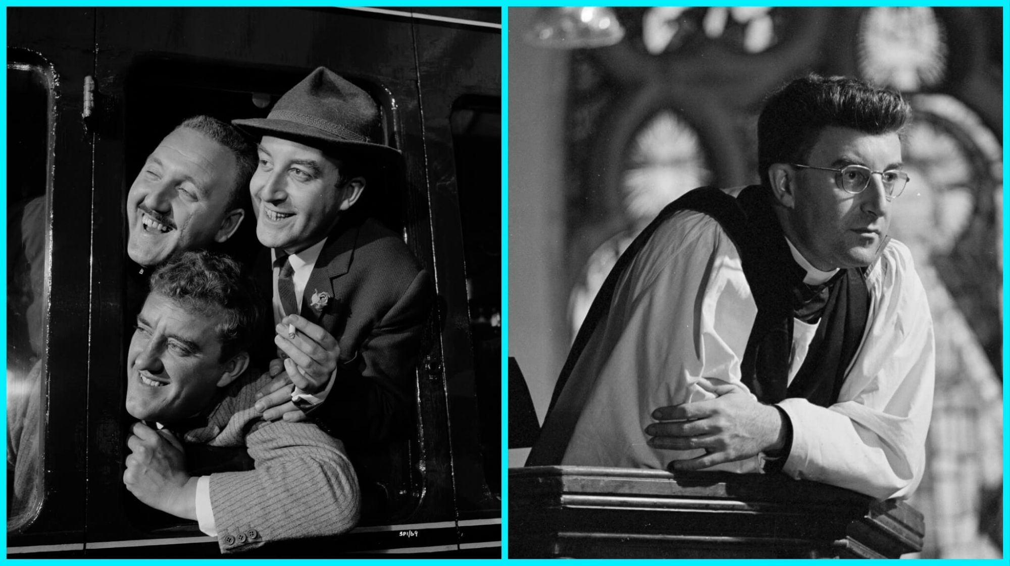 Black and white promotional images Peter Sellers stars as vicar in one image and crook in another with his goons.