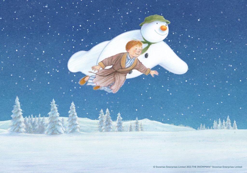 A boy flying with his snowman, this is an illustration.
