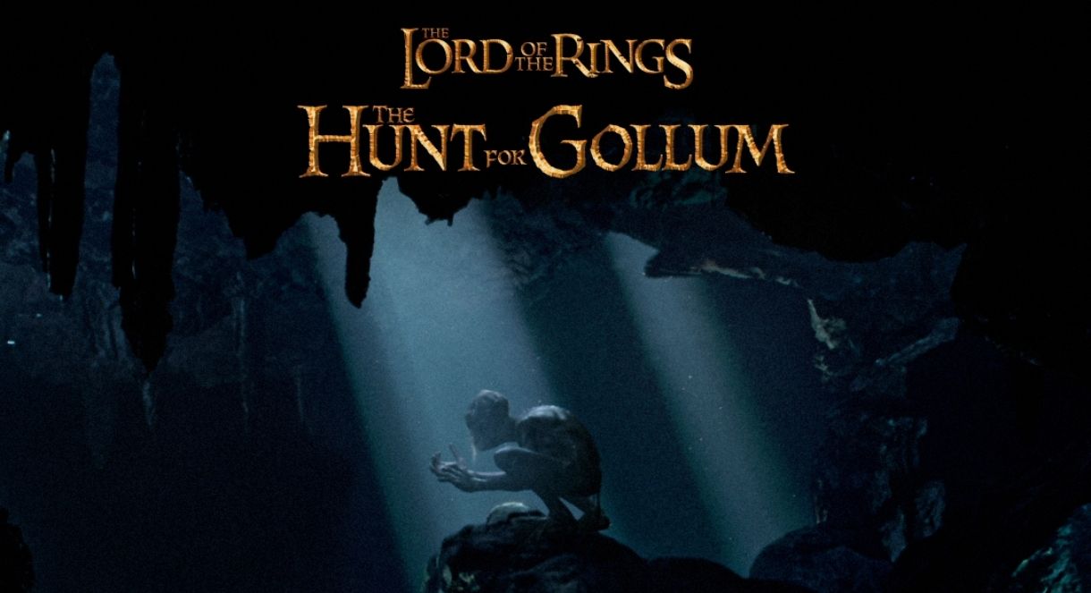 Gollum is crouching in a dark cave with the overlayed text "The Lord of the Rings The Hunt for Gollum"